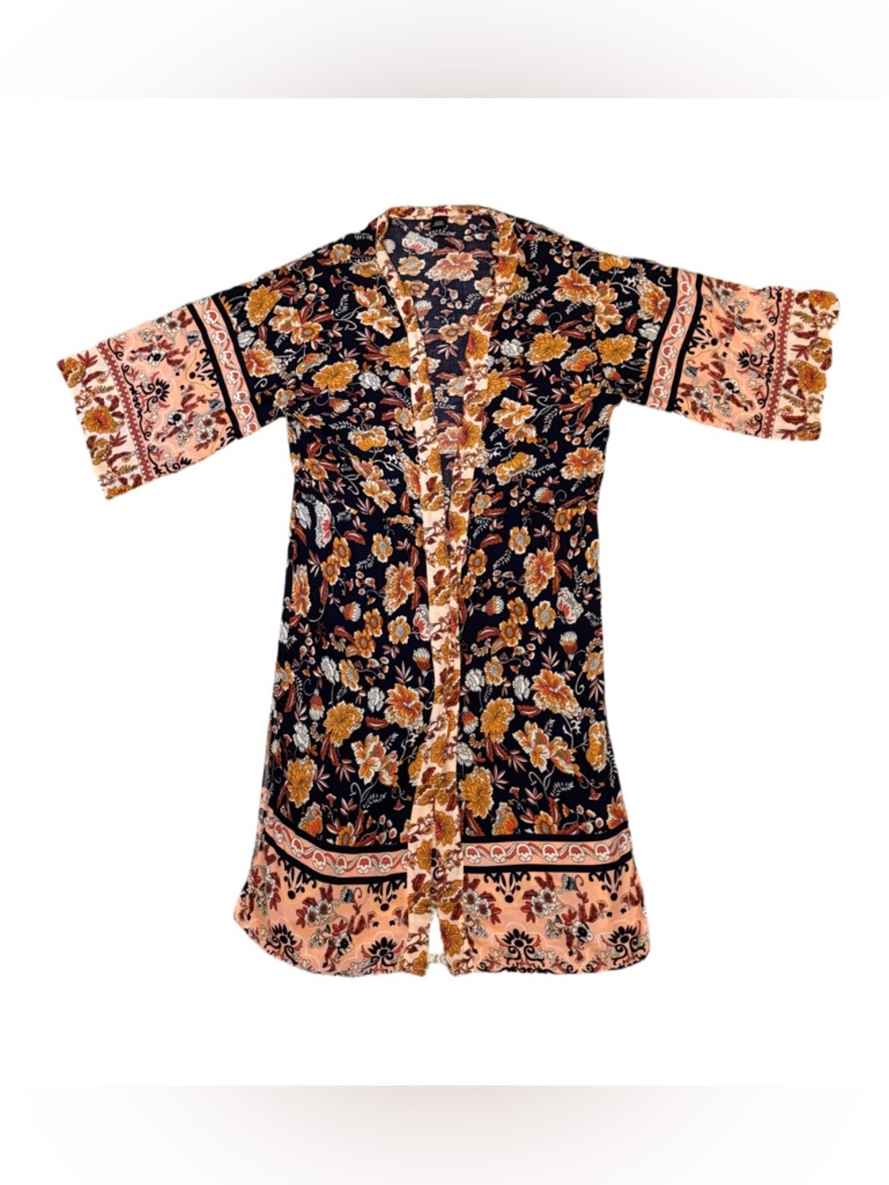 Evereve Black Floral Kimono with Peach Borders